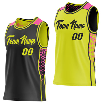 Custom Black Neon Yellow-Pink Side Panel Stripe Geometric Triangle Gradient Dot Reversible Double Side Sublimation Basketball Set Jersey