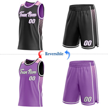 Custom Black White Medium Purple-Light Pink Side Panel Stripe Geometric Triangle Gradient Dot Reversible Double Side Sublimation Basketball Set Jersey