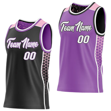 Custom Black White Medium Purple-Light Pink Side Panel Stripe Geometric Triangle Gradient Dot Reversible Double Side Sublimation Basketball Set Jersey