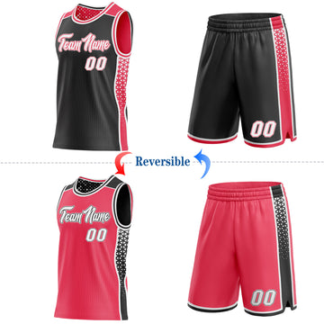 Custom Black White-Neon Pink Side Panel Stripe Geometric Triangle Gradient Dot Reversible Double Side Sublimation Basketball Set Jersey