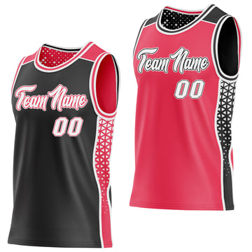 Custom Black White-Neon Pink Side Panel Stripe Geometric Triangle Gradient Dot Reversible Double Side Sublimation Basketball Set Jersey