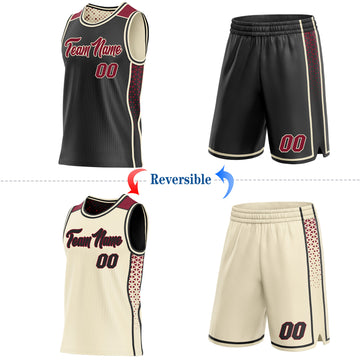 Custom Black Crimson-Cream Side Panel Stripe Geometric Triangle Gradient Dot Reversible Double Side Sublimation Basketball Set Jersey