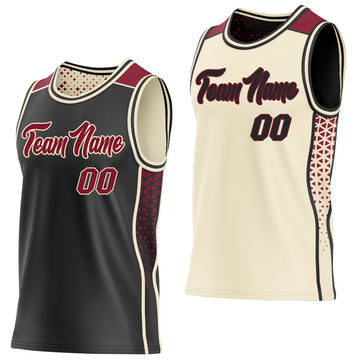 Custom Black Crimson-Cream Side Panel Stripe Geometric Triangle Gradient Dot Reversible Double Side Sublimation Basketball Set Jersey