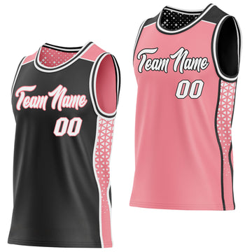 Custom Black White-Medium Pink Side Panel Stripe Geometric Triangle Gradient Dot Reversible Double Side Sublimation Basketball Set Jersey