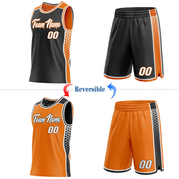 Custom Black White-Bay Orange Side Panel Stripe Geometric Triangle Gradient Dot Reversible Double Side Sublimation Basketball Set Jersey