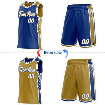 Custom Royal White-Old Gold Side Panel Stripe Geometric Triangle Gradient Dot Reversible Double Side Sublimation Basketball Set Jersey