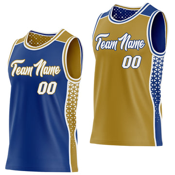 Custom Royal White-Old Gold Side Panel Stripe Geometric Triangle Gradient Dot Reversible Double Side Sublimation Basketball Set Jersey