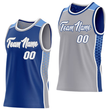 Custom Royal White Gray-Light Blue Side Panel Stripe Geometric Triangle Gradient Dot Reversible Double Side Sublimation Basketball Set Jersey