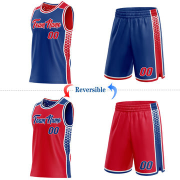 Custom Royal Red-White Side Panel Stripe Geometric Triangle Gradient Dot Reversible Double Side Sublimation Basketball Set Jersey