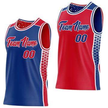 Custom Royal Red-White Side Panel Stripe Geometric Triangle Gradient Dot Reversible Double Side Sublimation Basketball Set Jersey