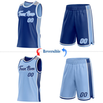 Custom Royal Light Blue White-Gray Side Panel Stripe Geometric Triangle Gradient Dot Reversible Double Side Sublimation Basketball Set Jersey