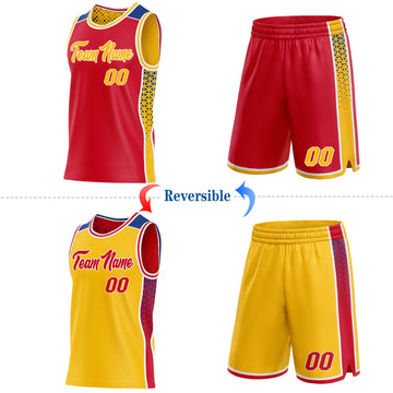 Custom Red Gold White-Royal Side Panel Stripe Geometric Triangle Gradient Dot Reversible Double Side Sublimation Basketball Set Jersey
