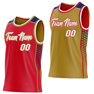 Custom Red White Old Gold-Navy Side Panel Stripe Geometric Triangle Gradient Dot Reversible Double Side Sublimation Basketball Set Jersey