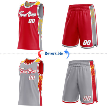 Custom Red White Gray-Gold Side Panel Stripe Geometric Triangle Gradient Dot Reversible Double Side Sublimation Basketball Set Jersey