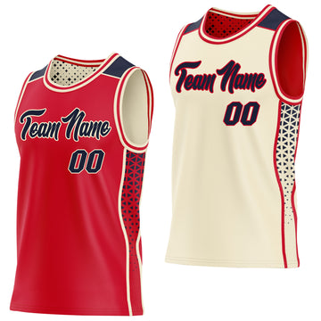 Custom Red Navy-Cream Side Panel Stripe Geometric Triangle Gradient Dot Reversible Double Side Sublimation Basketball Set Jersey