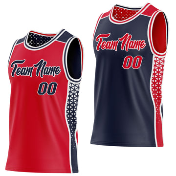 Custom Red Navy-White Side Panel Stripe Geometric Triangle Gradient Dot Reversible Double Side Sublimation Basketball Set Jersey