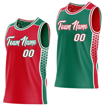 Custom Red White-Kelly Green Side Panel Stripe Geometric Triangle Gradient Dot Reversible Double Side Sublimation Basketball Set Jersey