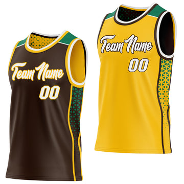 Custom Brown White Gold-Kelly Green Side Panel Stripe Geometric Triangle Gradient Dot Reversible Double Side Sublimation Basketball Set Jersey