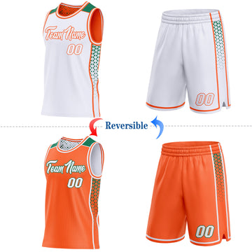 Custom White Orange-Kelly Green Side Panel Stripe Geometric Triangle Gradient Dot Reversible Double Side Sublimation Basketball Set Jersey