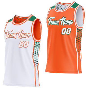 Custom White Orange-Kelly Green Side Panel Stripe Geometric Triangle Gradient Dot Reversible Double Side Sublimation Basketball Set Jersey