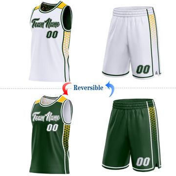 Custom White Green-Gold Side Panel Stripe Geometric Triangle Gradient Dot Reversible Double Side Sublimation Basketball Set Jersey