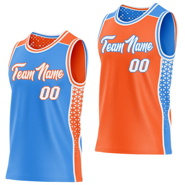 Custom Powder Blue White-Orange Side Panel Stripe Geometric Triangle Gradient Dot Reversible Double Side Sublimation Basketball Set Jersey