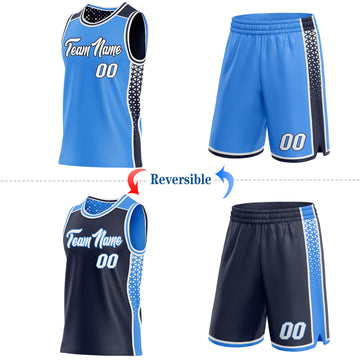 Custom Powder Blue White-Navy Side Panel Stripe Geometric Triangle Gradient Dot Reversible Double Side Sublimation Basketball Set Jersey