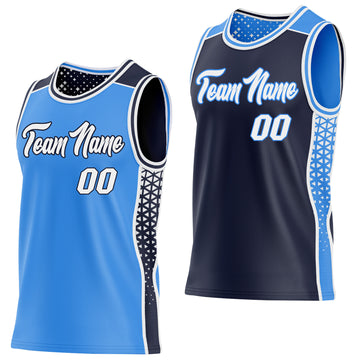 Custom Powder Blue White-Navy Side Panel Stripe Geometric Triangle Gradient Dot Reversible Double Side Sublimation Basketball Set Jersey