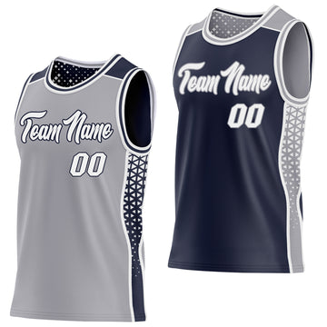 Custom Gray White-Navy Side Panel Stripe Geometric Triangle Gradient Dot Reversible Double Side Sublimation Basketball Set Jersey