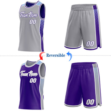 Custom Gray White Purple-Light Blue Side Panel Stripe Geometric Triangle Gradient Dot Reversible Double Side Sublimation Basketball Set Jersey