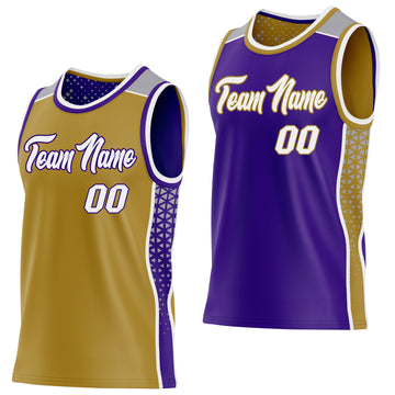 Custom Old Gold White Purple-Gray Side Panel Stripe Geometric Triangle Gradient Dot Reversible Double Side Sublimation Basketball Set Jersey