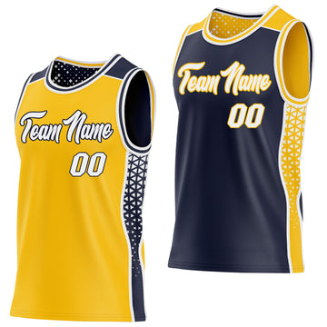 Custom Gold White-Navy Side Panel Stripe Geometric Triangle Gradient Dot Reversible Double Side Sublimation Basketball Set Jersey