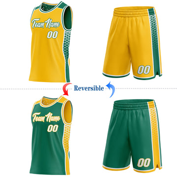 Custom Gold White-Kelly Green Side Panel Stripe Geometric Triangle Gradient Dot Reversible Double Side Sublimation Basketball Set Jersey