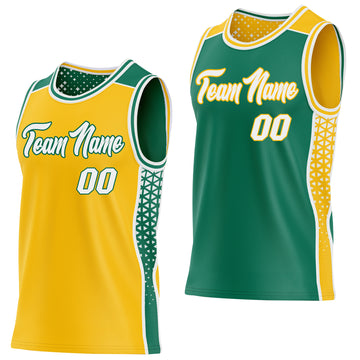 Custom Gold White-Kelly Green Side Panel Stripe Geometric Triangle Gradient Dot Reversible Double Side Sublimation Basketball Set Jersey