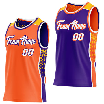 Custom Orange White Purple-Gold Side Panel Stripe Geometric Triangle Gradient Dot Reversible Double Side Sublimation Basketball Set Jersey