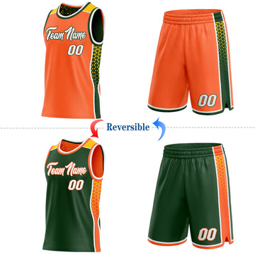 Custom Orange White Green-Gold Side Panel Stripe Geometric Triangle Gradient Dot Reversible Double Side Sublimation Basketball Set Jersey