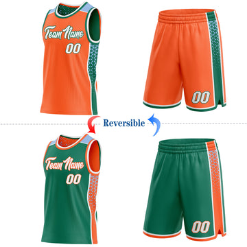 Custom Orange White Kelly Green-Light Blue Side Panel Stripe Geometric Triangle Gradient Dot Reversible Double Side Sublimation Basketball Set Jersey