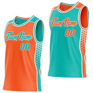 Custom Orange Aqua-White Side Panel Stripe Geometric Triangle Gradient Dot Reversible Double Side Sublimation Basketball Set Jersey