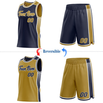 Custom Navy Old Gold-White Side Panel Stripe Geometric Triangle Gradient Dot Reversible Double Side Sublimation Basketball Set Jersey
