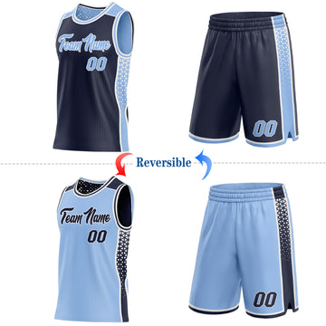 Custom Navy Light Blue-White Side Panel Stripe Geometric Triangle Gradient Dot Reversible Double Side Sublimation Basketball Set Jersey