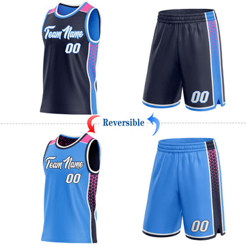 Custom Navy White Powder Blue-Pink Side Panel Stripe Geometric Triangle Gradient Dot Reversible Double Side Sublimation Basketball Set Jersey