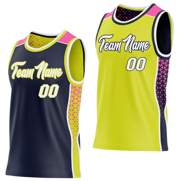 Custom Navy White Neon Yellow-Pink Side Panel Stripe Geometric Triangle Gradient Dot Reversible Double Side Sublimation Basketball Set Jersey