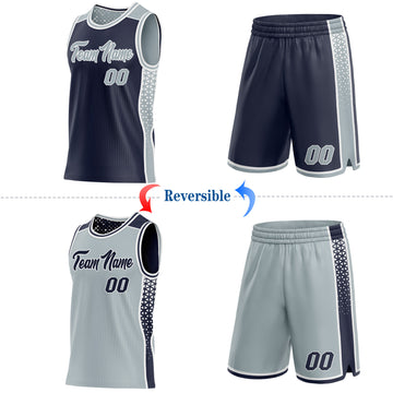 Custom Navy Silver-White Side Panel Stripe Geometric Triangle Gradient Dot Reversible Double Side Sublimation Basketball Set Jersey