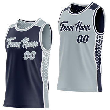 Custom Navy Silver-White Side Panel Stripe Geometric Triangle Gradient Dot Reversible Double Side Sublimation Basketball Set Jersey
