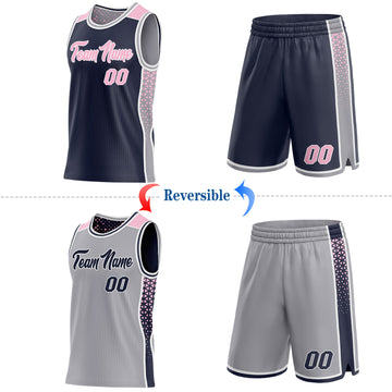Custom Navy Light Pink White-Gray Side Panel Stripe Geometric Triangle Gradient Dot Reversible Double Side Sublimation Basketball Set Jersey