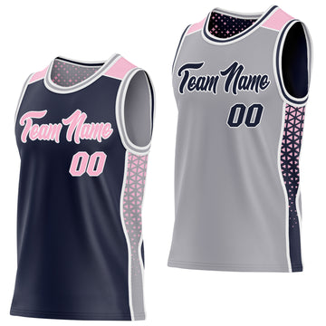 Custom Navy Light Pink White-Gray Side Panel Stripe Geometric Triangle Gradient Dot Reversible Double Side Sublimation Basketball Set Jersey