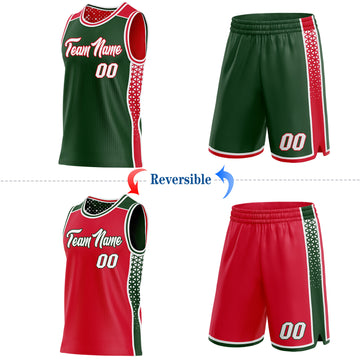 Custom Green White-Red Side Panel Stripe Geometric Triangle Gradient Dot Reversible Double Side Sublimation Basketball Set Jersey