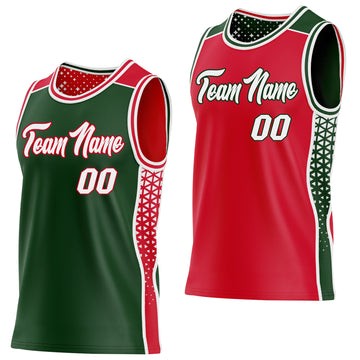 Custom Green White-Red Side Panel Stripe Geometric Triangle Gradient Dot Reversible Double Side Sublimation Basketball Set Jersey