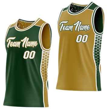 Custom Green White-Old Gold Side Panel Stripe Geometric Triangle Gradient Dot Reversible Double Side Sublimation Basketball Set Jersey