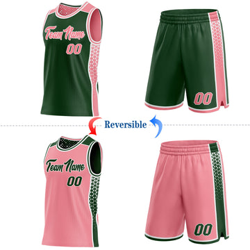 Custom Green Medium Pink-White Side Panel Stripe Geometric Triangle Gradient Dot Reversible Double Side Sublimation Basketball Set Jersey